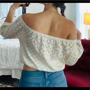 Bebe white off shoulder puffy sleeve crop top